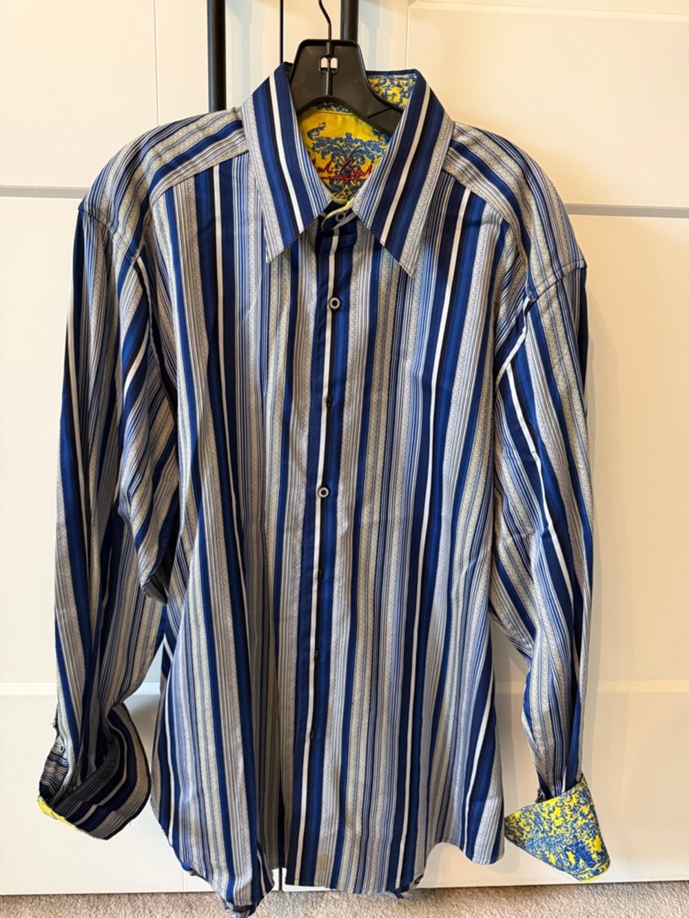 Robert Graham Blue and White Vertical Stripe Dress Shirt with Yellow Contrast
